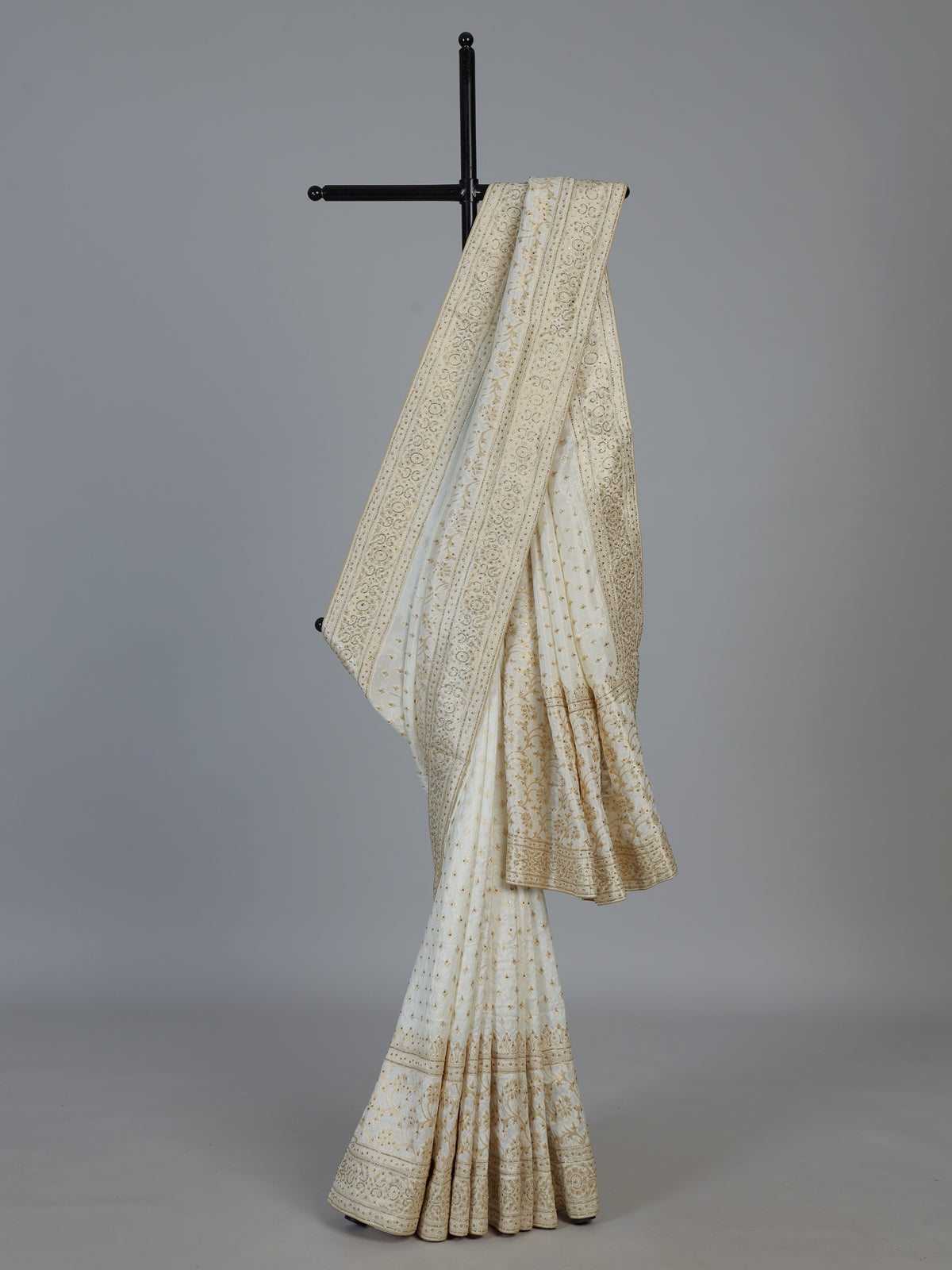 White luxurious dola silk embroidered festive saree drape