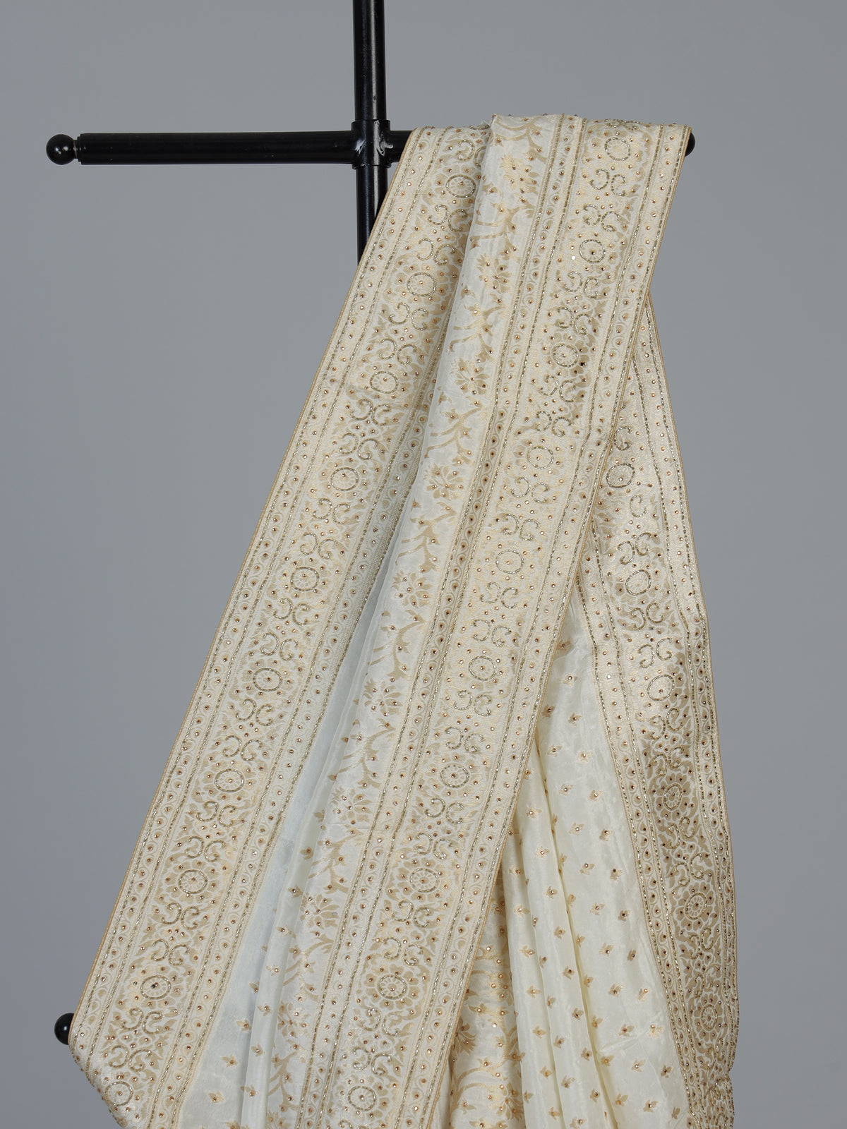 White luxurious dola silk embroidered festive saree drape