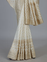 White luxurious dola silk embroidered festive saree drape