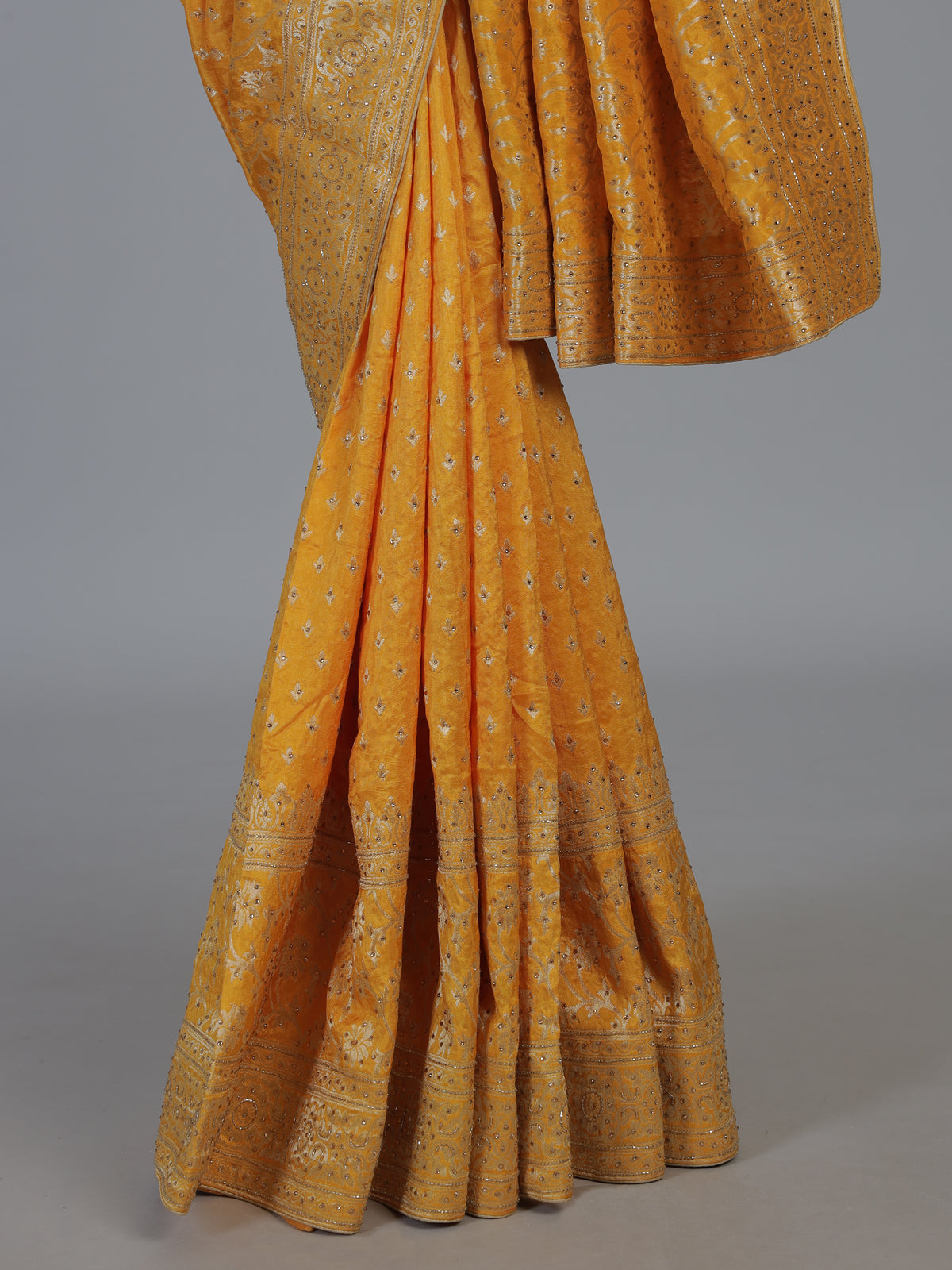 Yellow embellished dola silk celebration saree for women