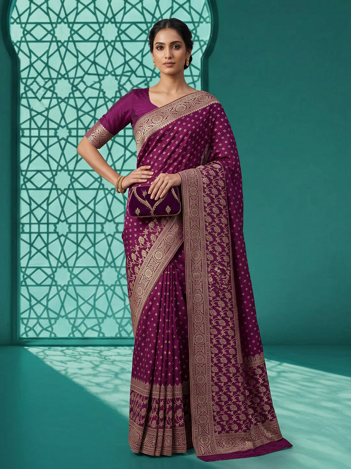 Purple woven dola silk wedding saree with elegance