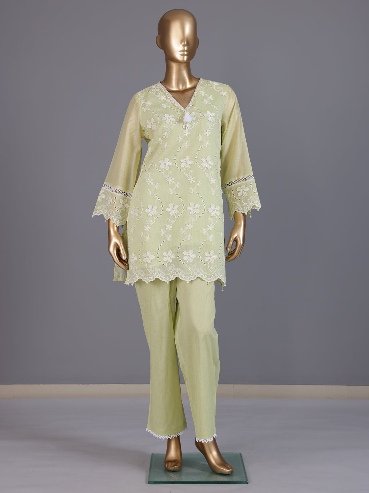 Green designer cotton embroidered co-ord set