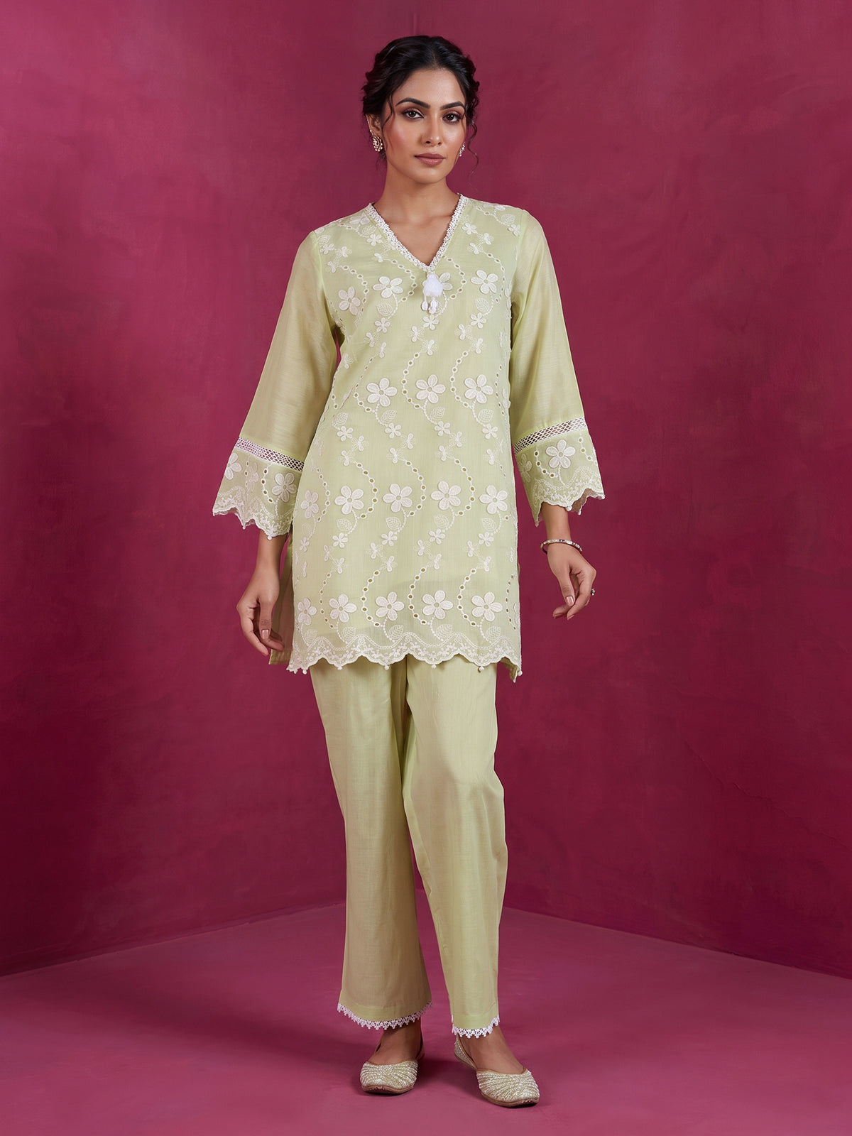 Green designer cotton embroidered co-ord set