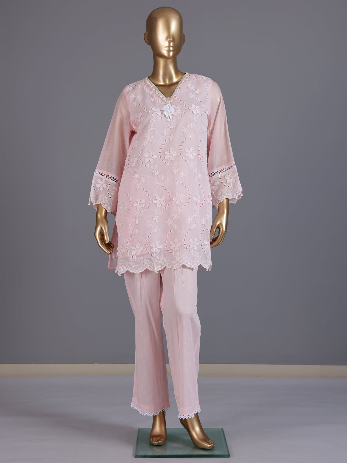 Pink embroidered cotton festive co-ord set