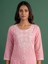 Peach designer cotton silk embroidered kurti