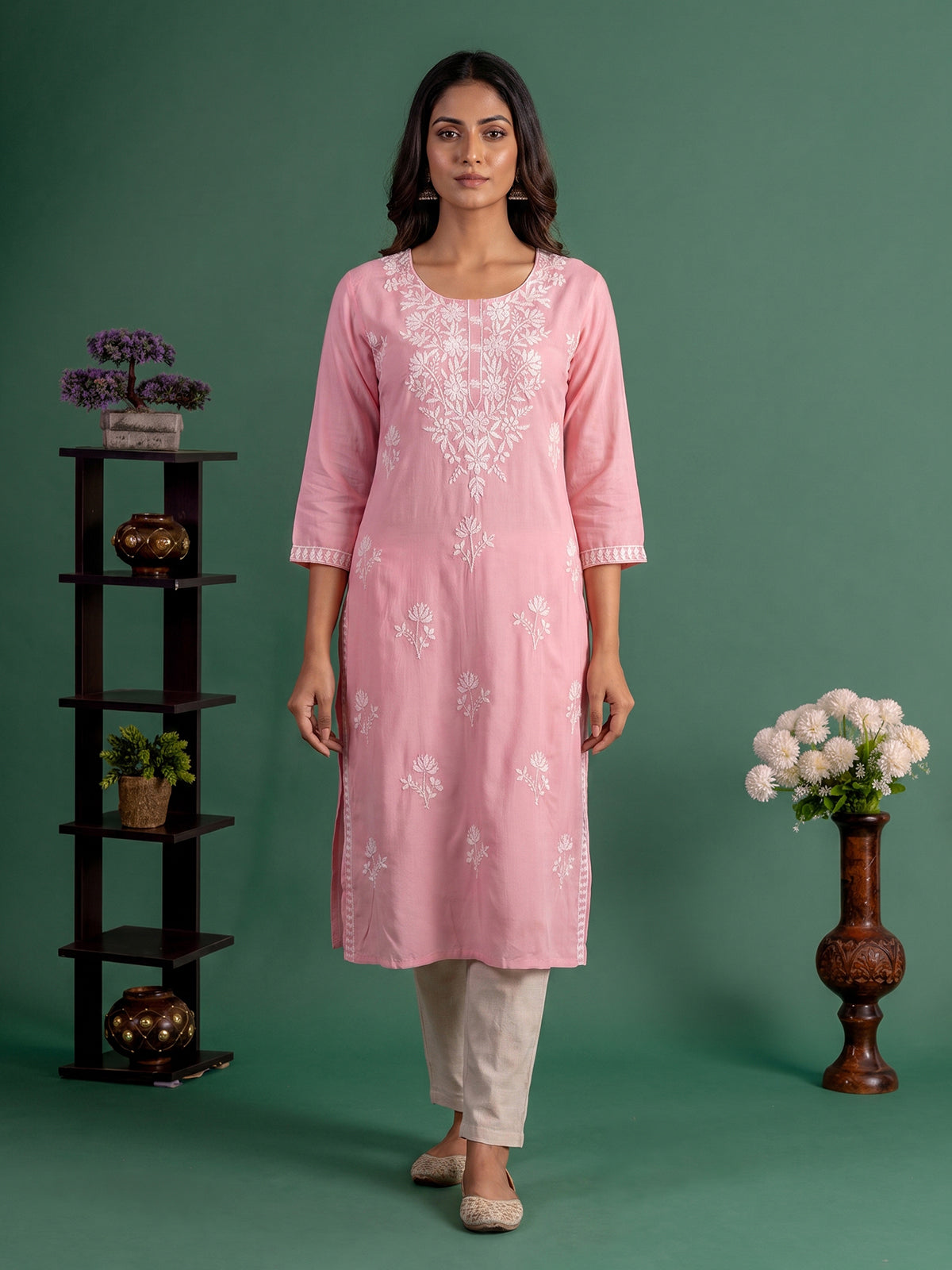 Peach designer cotton silk embroidered kurti