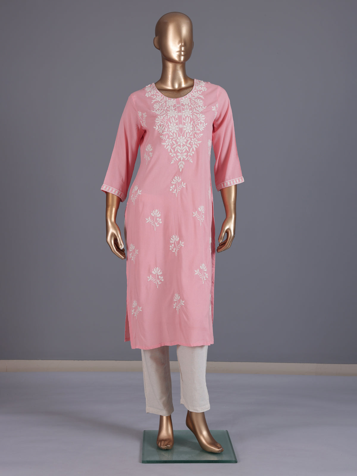 Peach designer cotton silk embroidered kurti