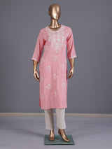 Peach designer cotton silk embroidered kurti