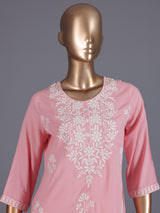 Peach designer cotton silk embroidered kurti