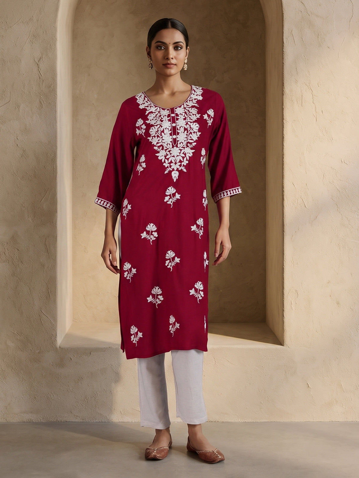 Maroon elegant cotton silk embroidered ethnic wear