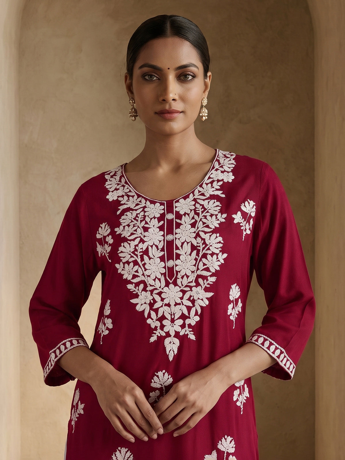 Maroon elegant cotton silk embroidered ethnic wear