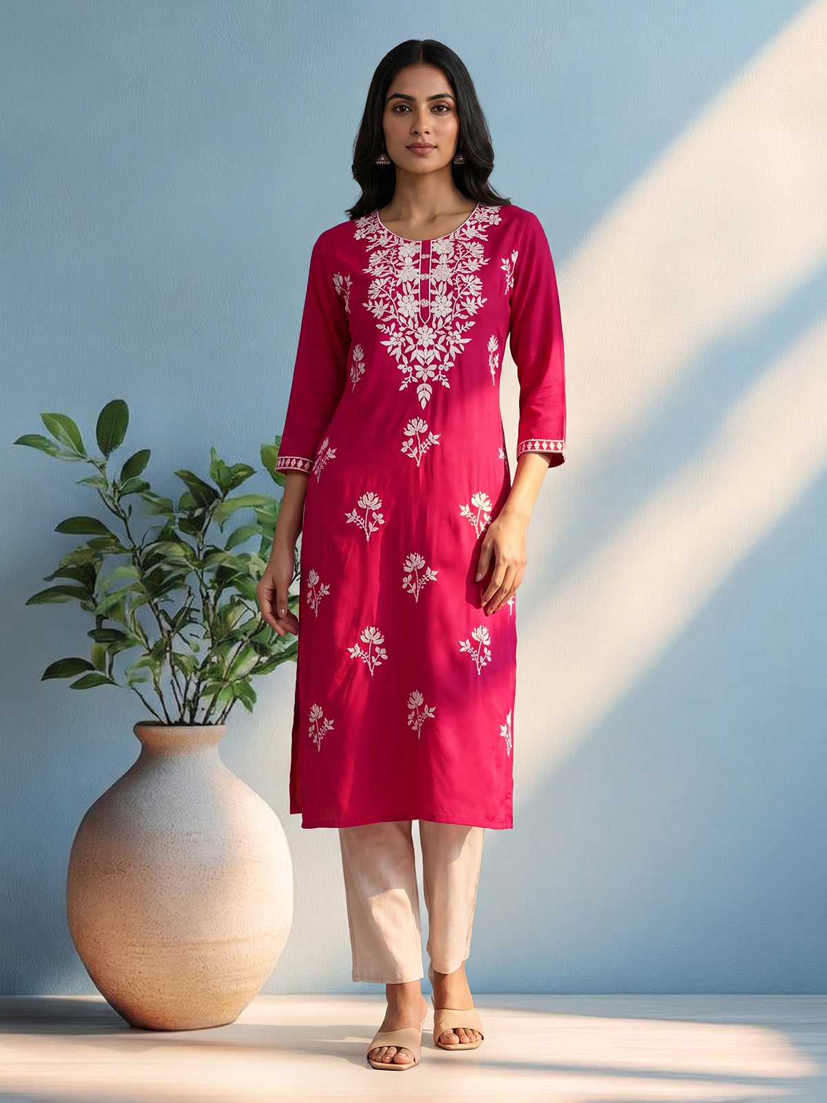 Rani pink floral embroidered cotton silk ethnic kurti