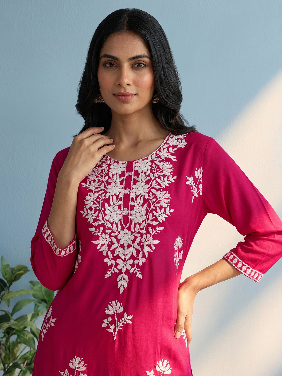 Rani pink floral embroidered cotton silk ethnic kurti