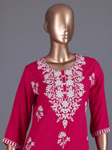 Rani pink floral embroidered cotton silk ethnic kurti