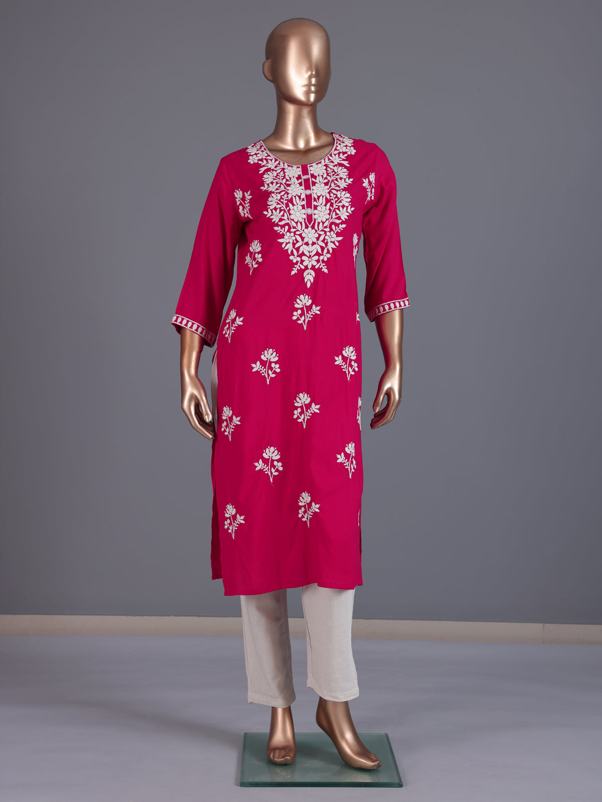 Rani pink floral embroidered cotton silk ethnic kurti