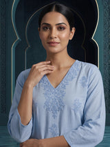 Sky blue cotton silk straight kurti set with thread work