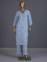 Sky blue cotton silk straight kurti set with thread work
