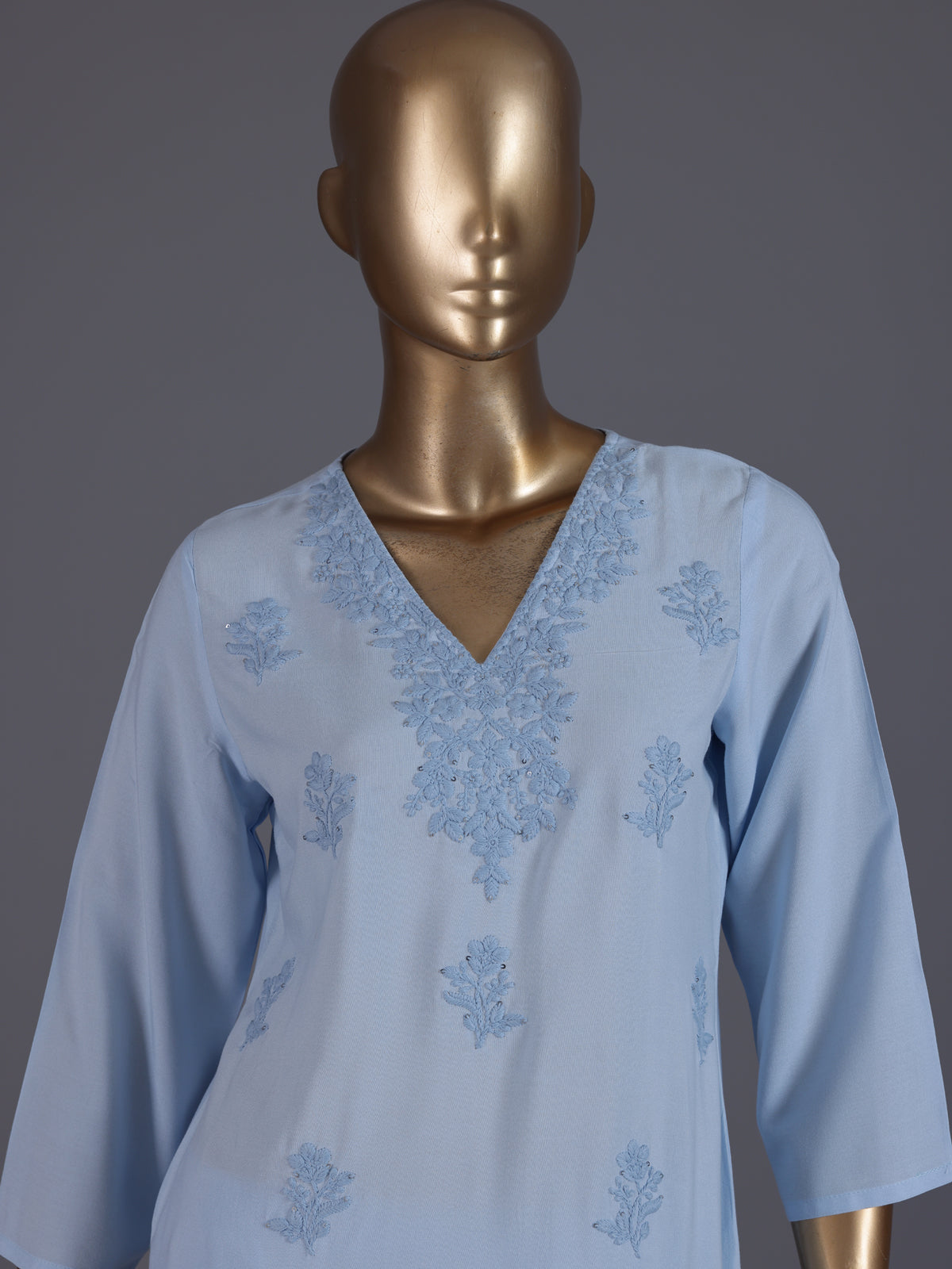 Sky blue cotton silk straight kurti set with thread work