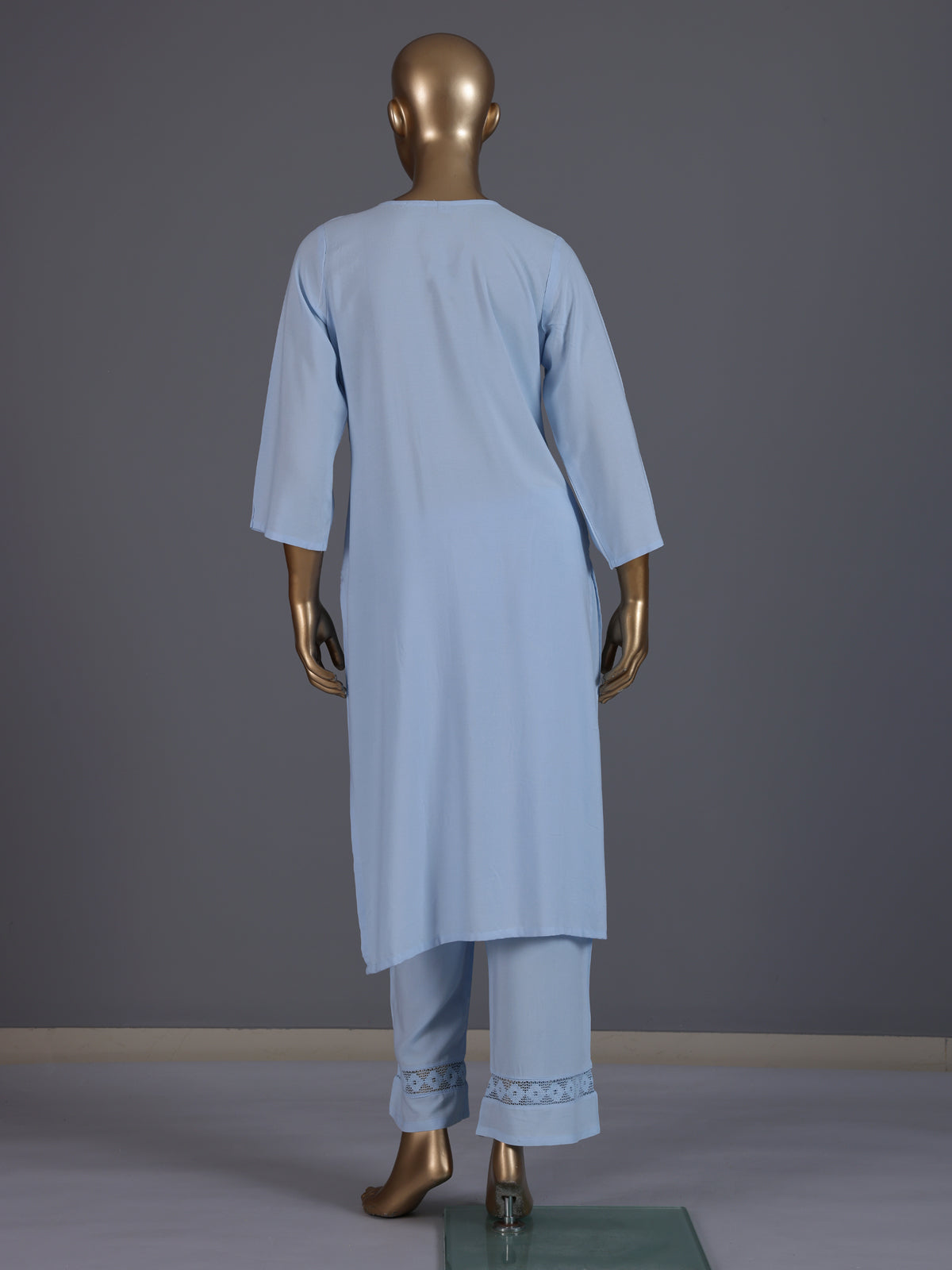 Sky blue cotton silk straight kurti set with thread work