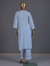Sky blue cotton silk straight kurti set with thread work