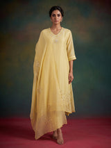 Yellow embellished cotton silk anarkali kurti set with dupatta