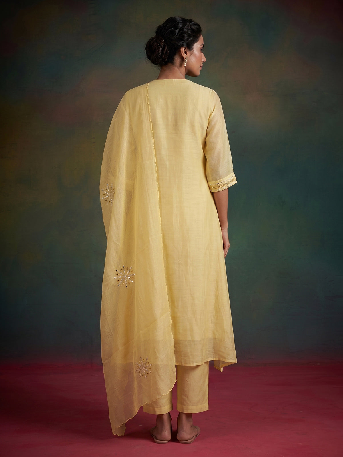 Yellow embellished cotton silk anarkali kurti set with dupatta
