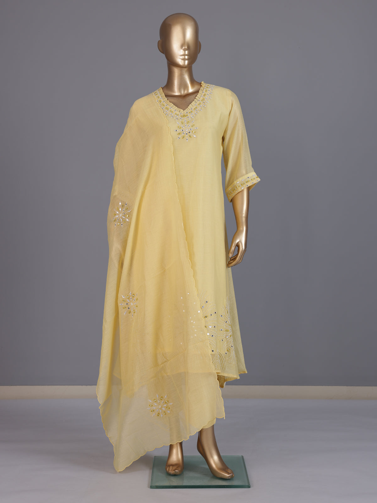 Yellow embellished cotton silk anarkali kurti set with dupatta