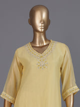 Yellow embellished cotton silk anarkali kurti set with dupatta