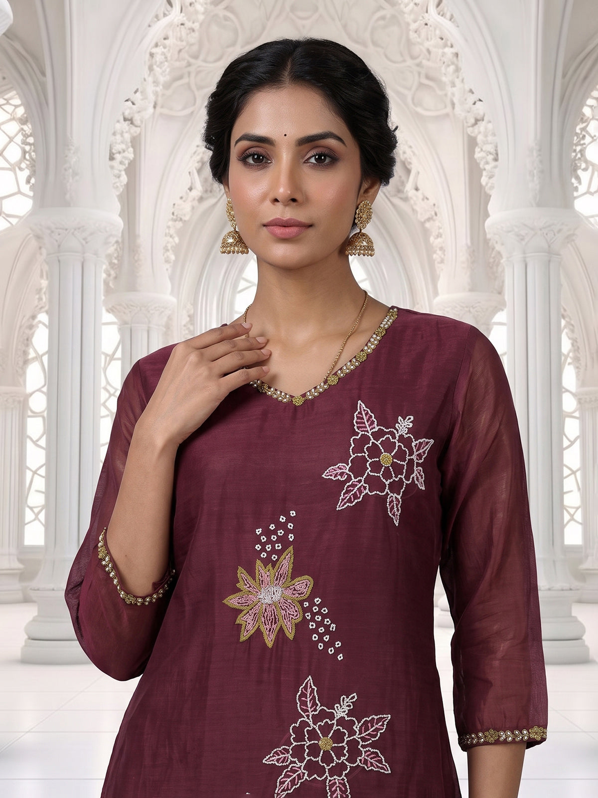 Wine embroidered cotton silk anarkali kurti set