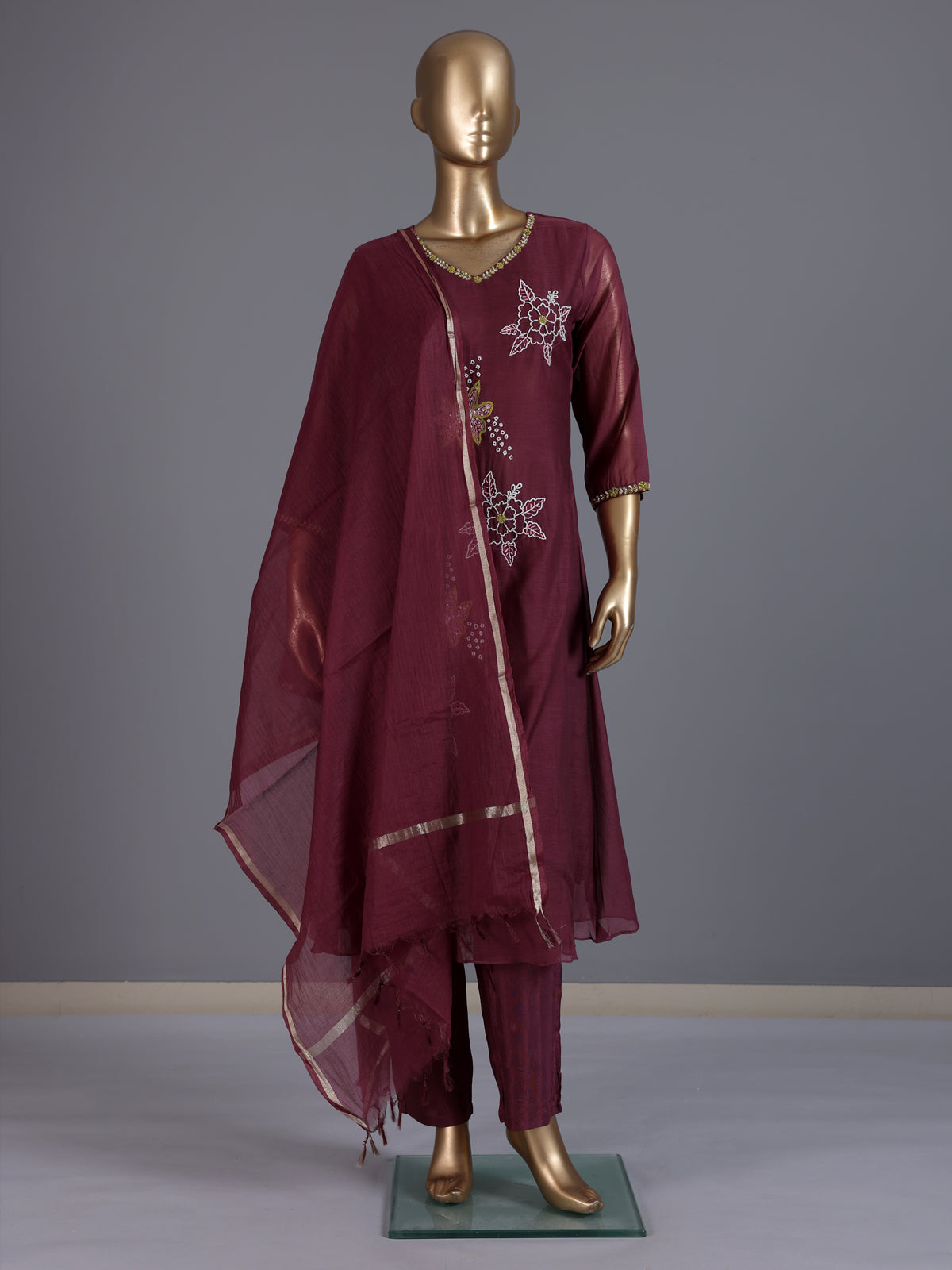 Wine embroidered cotton silk anarkali kurti set