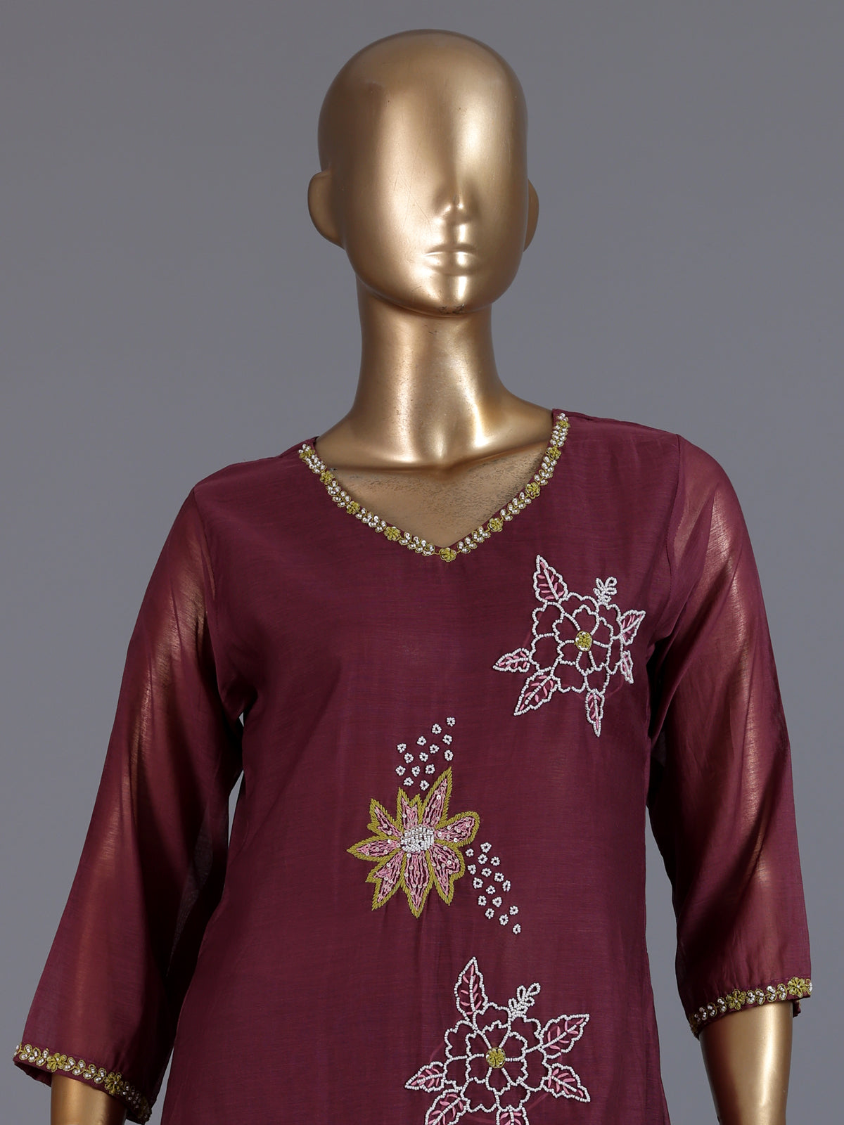 Wine embroidered cotton silk anarkali kurti set