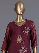 Wine embroidered cotton silk anarkali kurti set