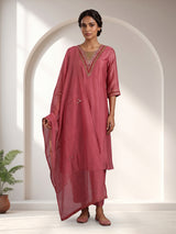 Red mirror embroidered cotton silk anarkali kurti set