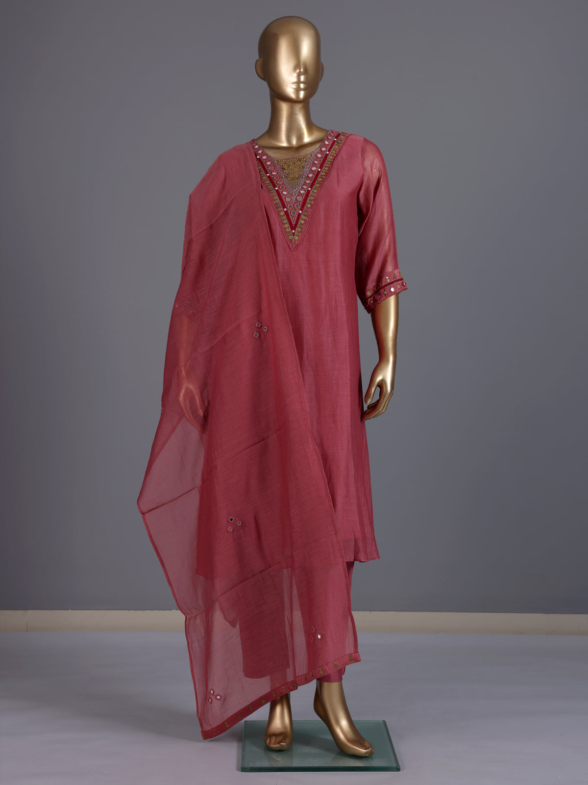 Red mirror embroidered cotton silk anarkali kurti set