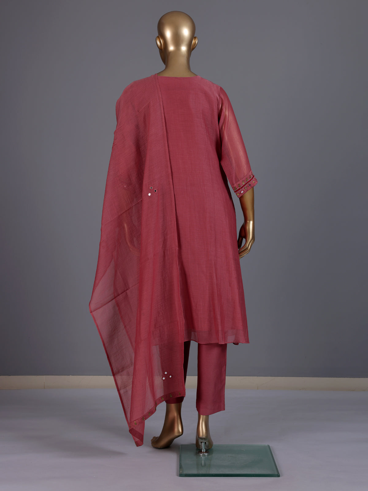 Red mirror embroidered cotton silk anarkali kurti set