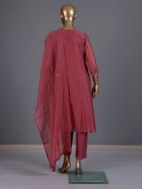 Red mirror embroidered cotton silk anarkali kurti set