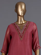 Red mirror embroidered cotton silk anarkali kurti set