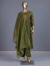 Green embroidered cotton silk anarkali kurti set with dupatta