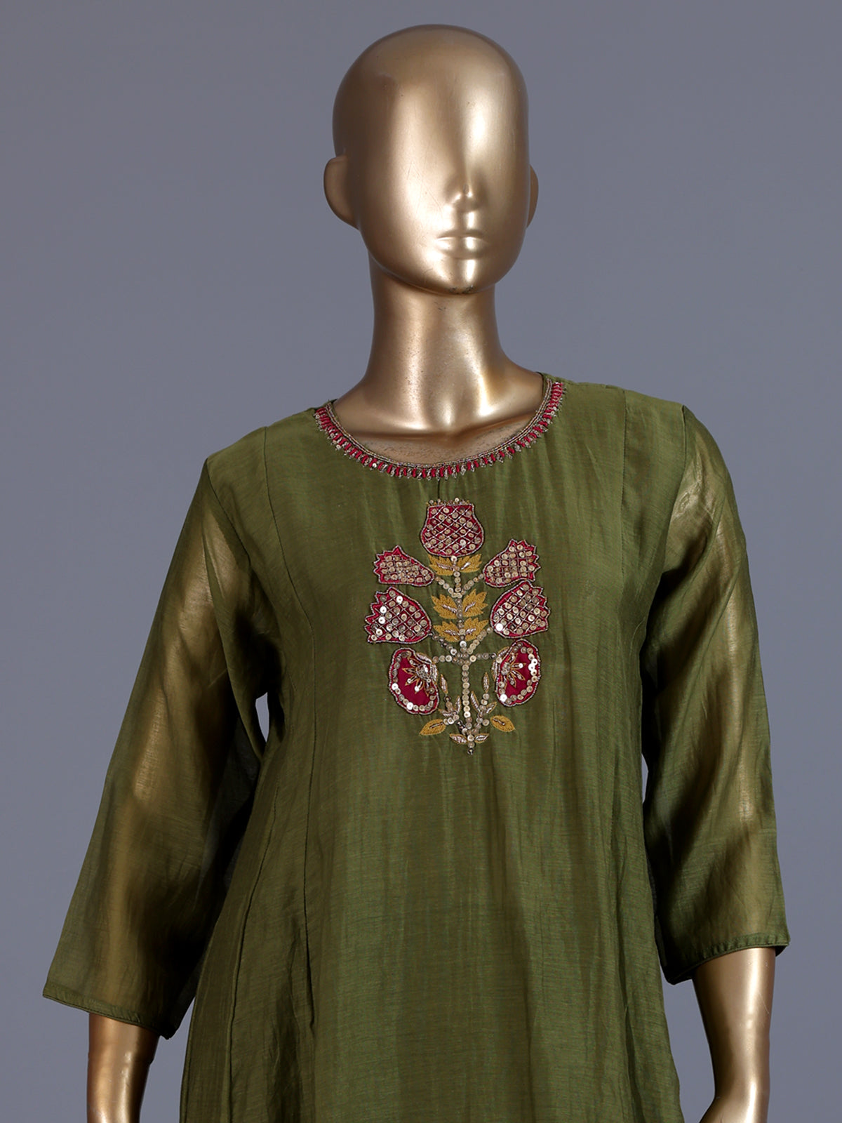 Green embroidered cotton silk anarkali kurti set with dupatta