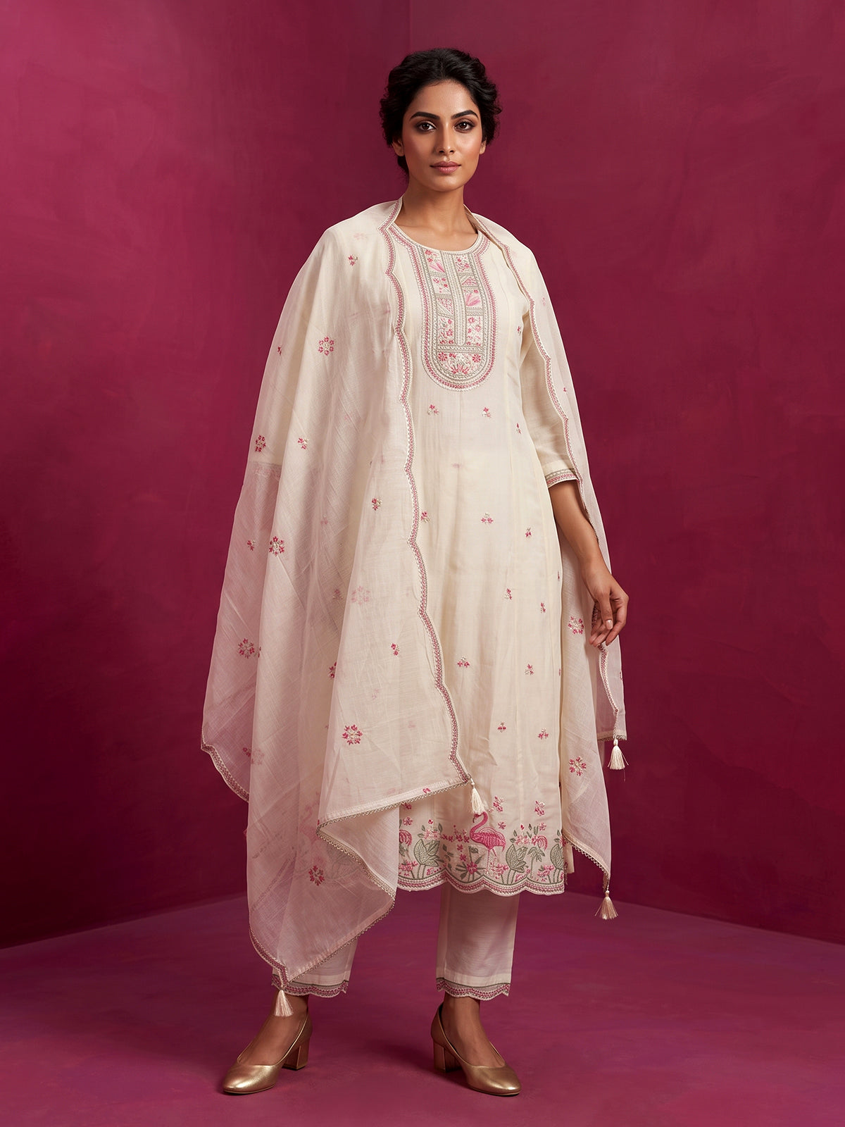 White embroidered cotton silk anarkali kurti set
