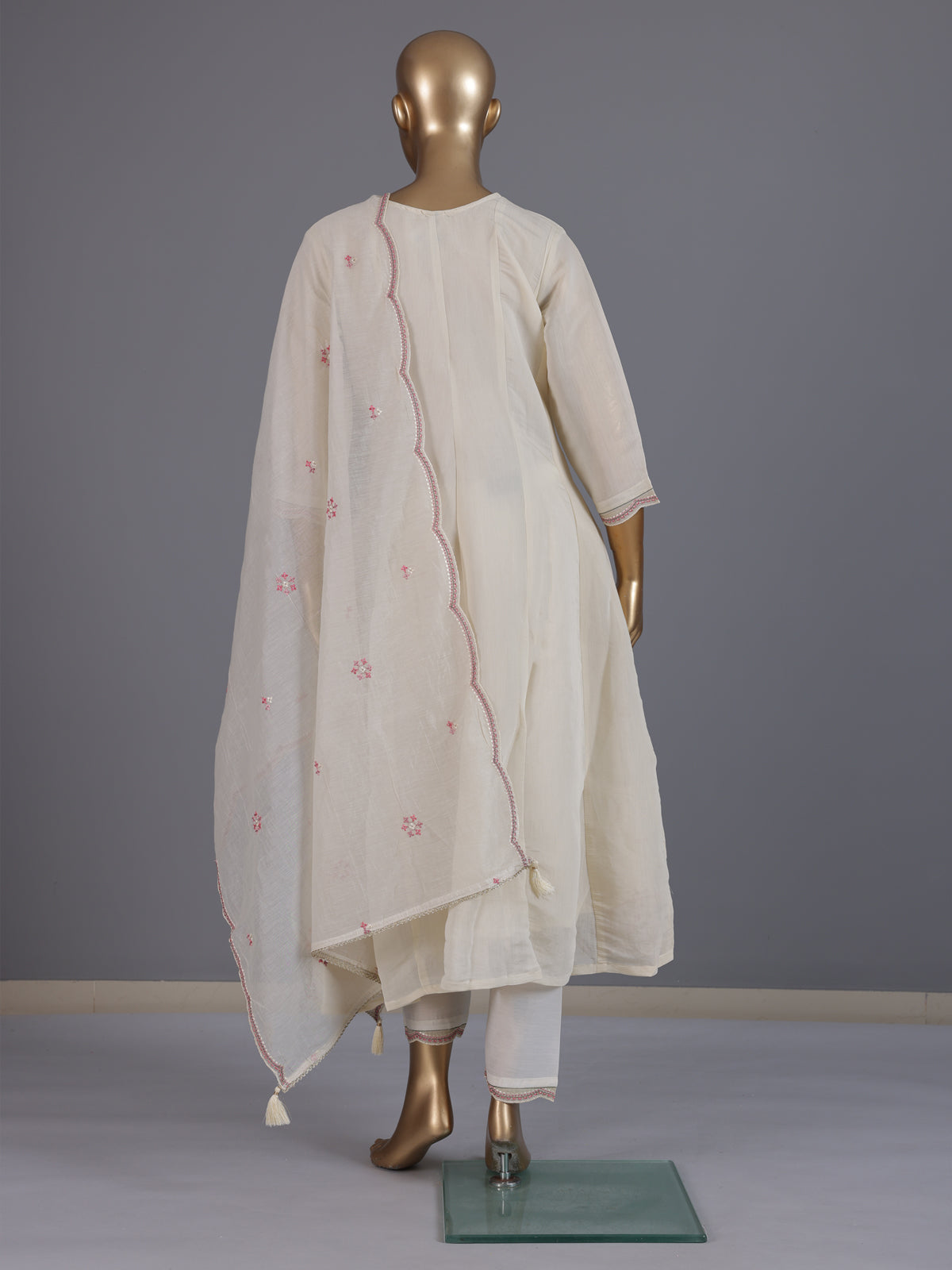 White embroidered cotton silk anarkali kurti set