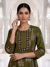 Green printed anarkali cotton silk kurti set with dupatta