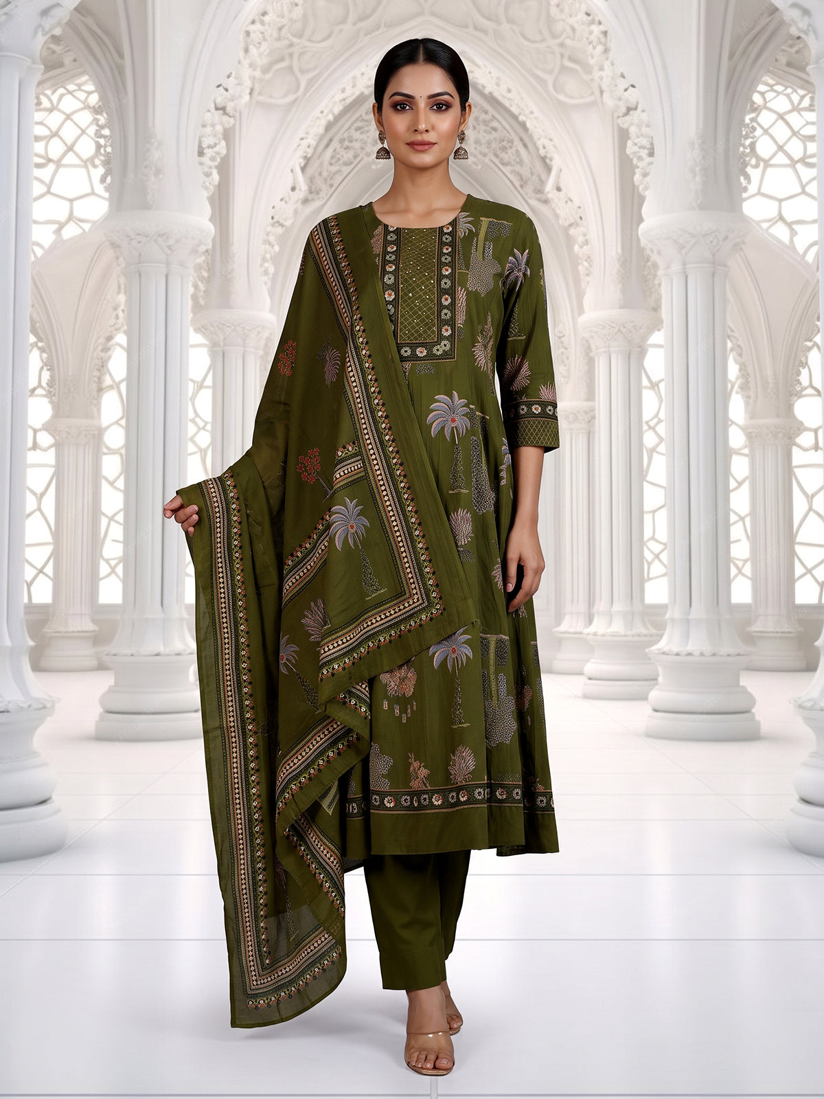 Green printed anarkali cotton silk kurti set with dupatta