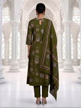 Green printed anarkali cotton silk kurti set with dupatta