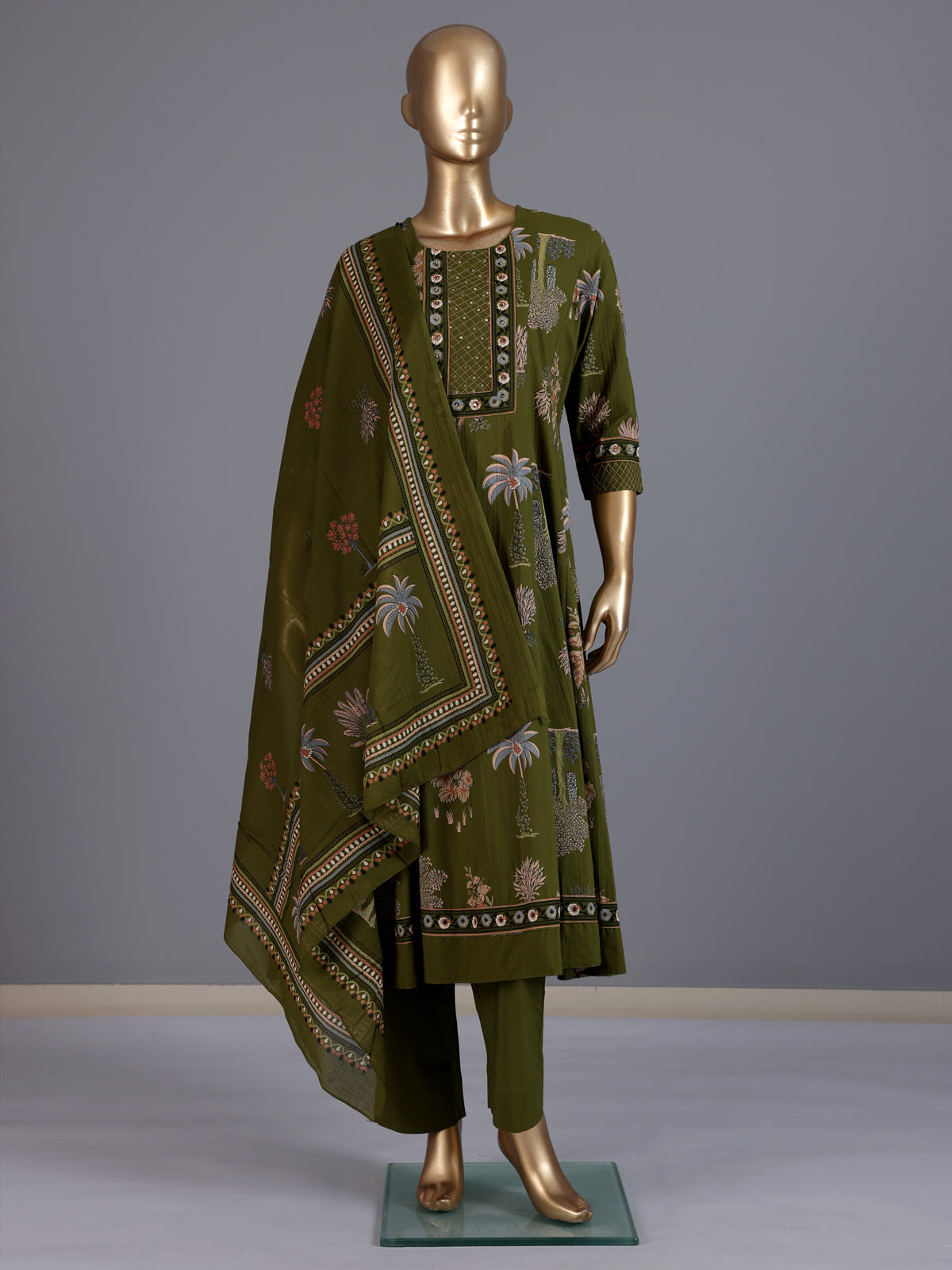 Green printed anarkali cotton silk kurti set with dupatta