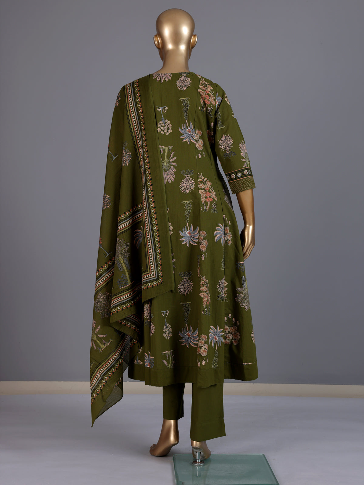Green printed anarkali cotton silk kurti set with dupatta