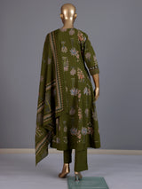Green printed anarkali cotton silk kurti set with dupatta