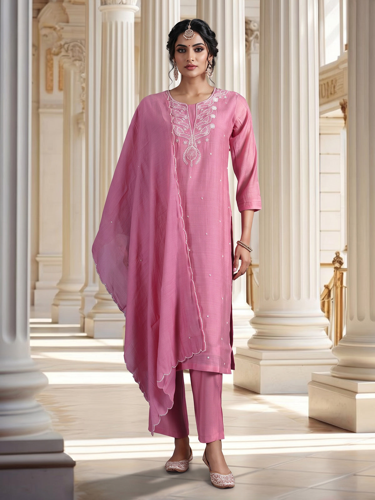 Pink embroidered cotton silk straight kurti set