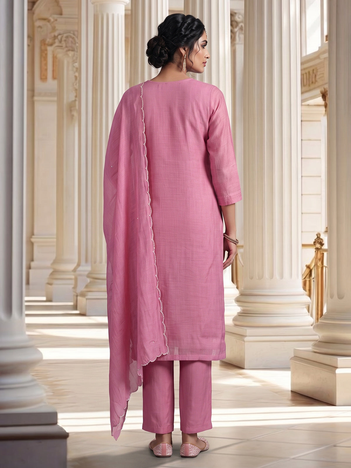 Pink embroidered cotton silk straight kurti set
