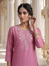 Pink embroidered cotton silk straight kurti set